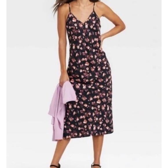 A.New Day Black Floral Slip Dress Size M - Picture 1 of 9